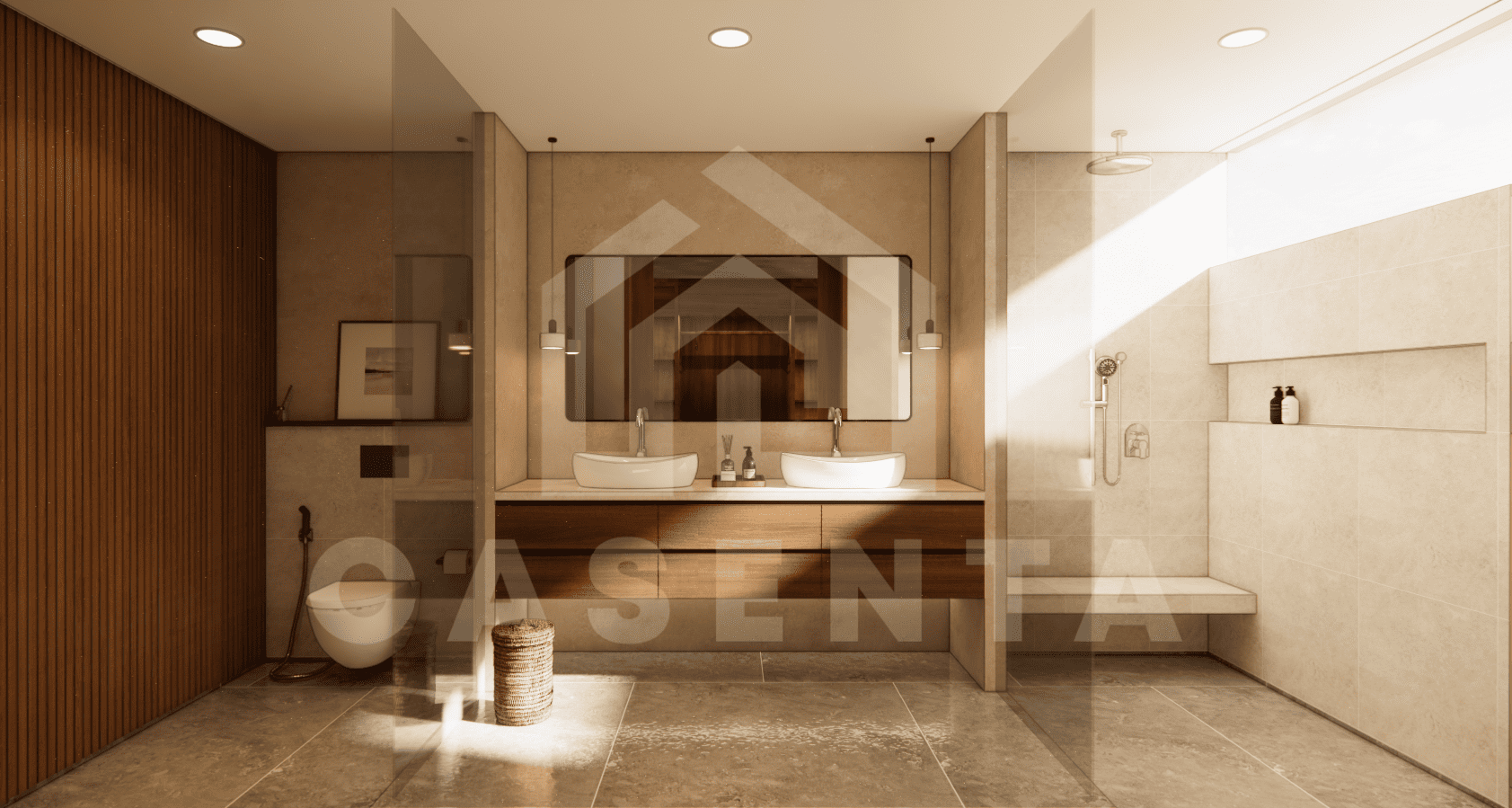 Modern ensuite bathroom with sunken bathtub in Jimbaran villa for sale