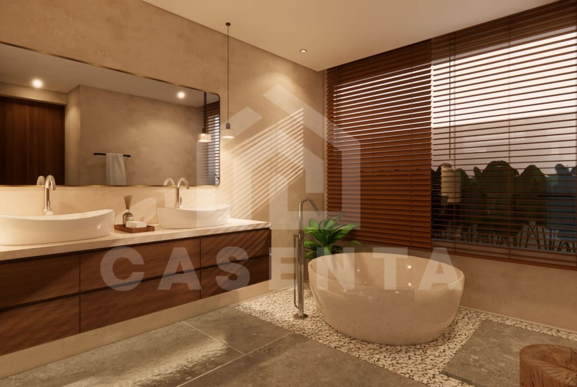 Modern ensuite bathroom with sunken bathtub in Jimbaran resort villa