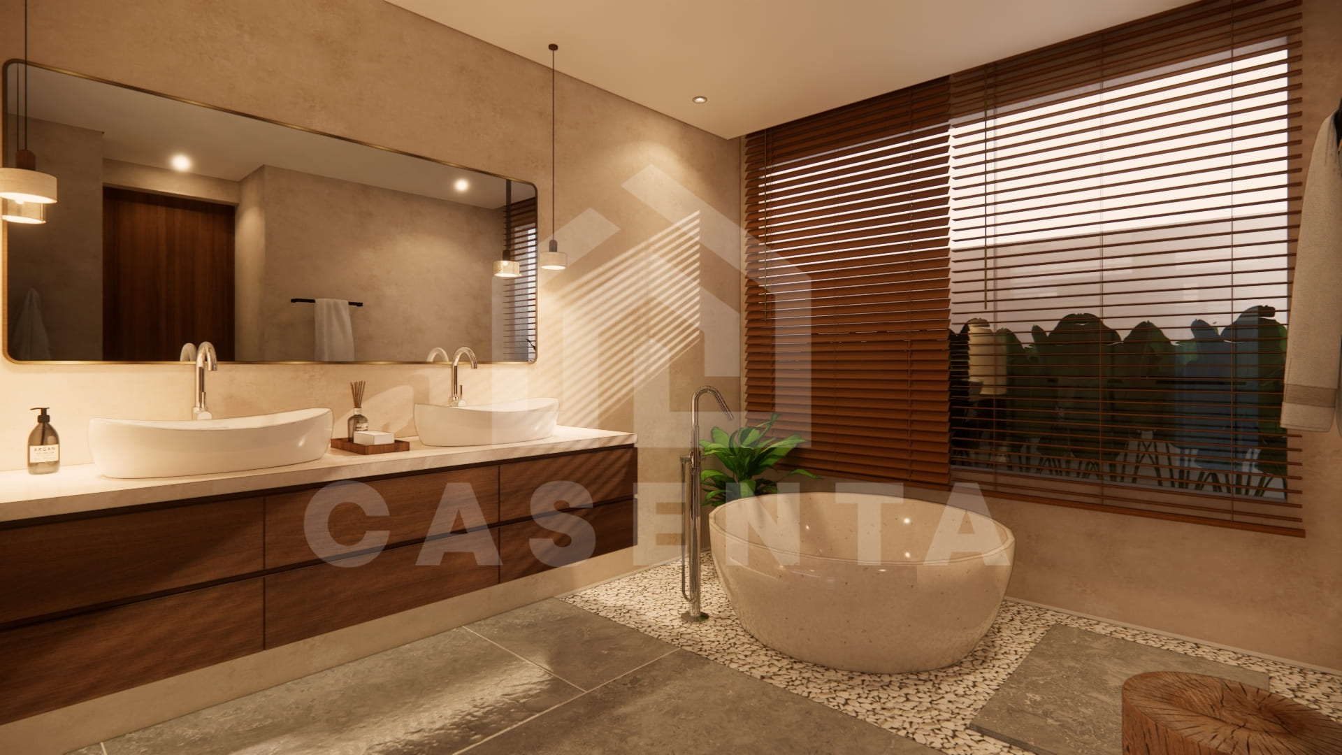 Modern ensuite bathroom with sunken bathtub in Jimbaran resort villa