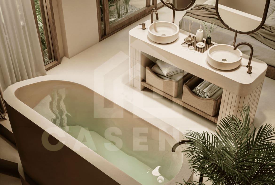 Sunlit bathtub in modern tropical leasehold villa bathroom Uluwatu