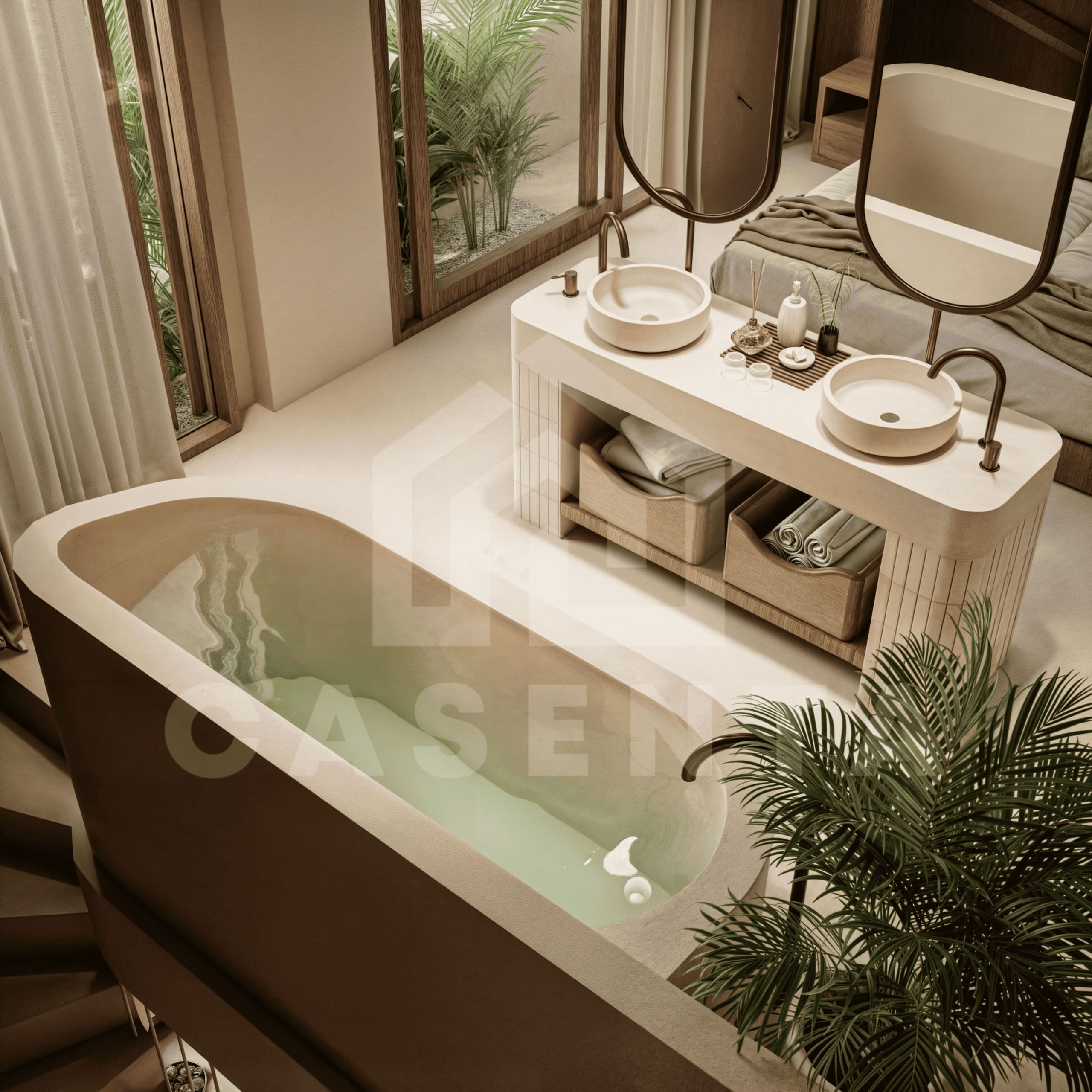Sunlit bathtub in modern tropical leasehold villa bathroom Uluwatu