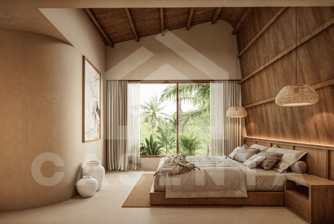 Tropical bedroom with vaulted ceiling in 2BR Bukit Peninsula Villa