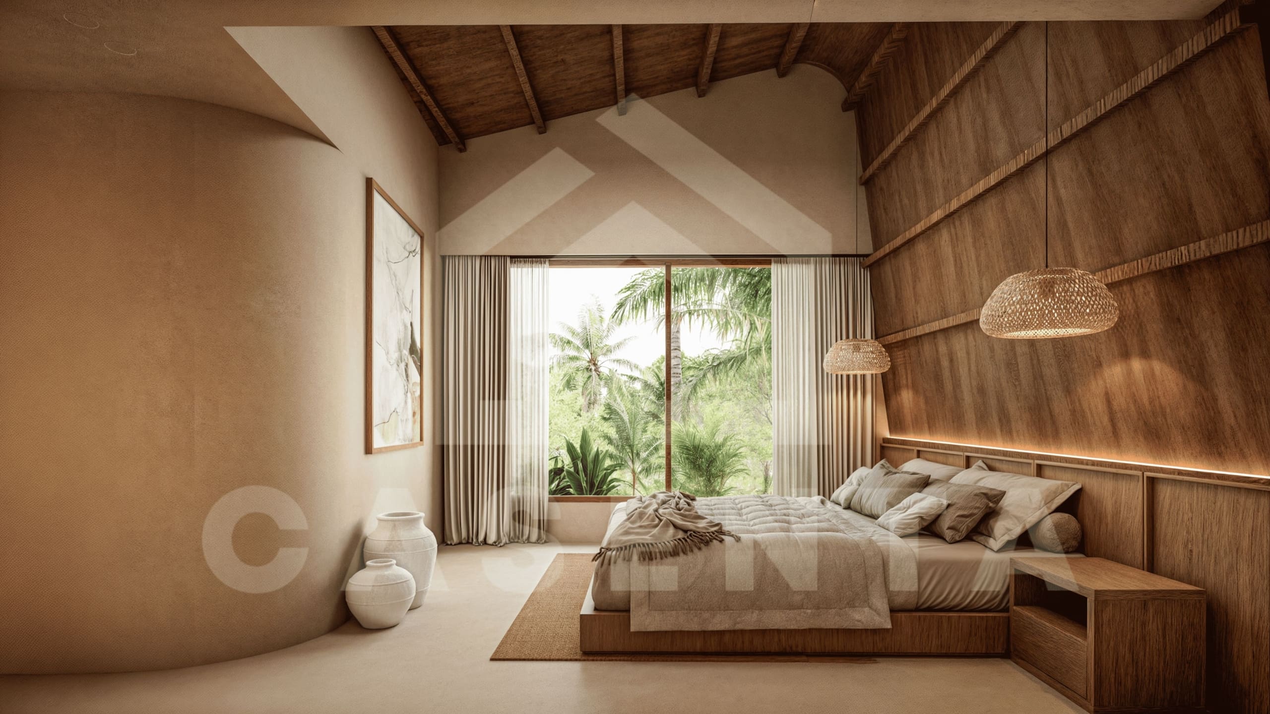 Tropical bedroom with vaulted ceiling in 2BR Bukit Peninsula Villa