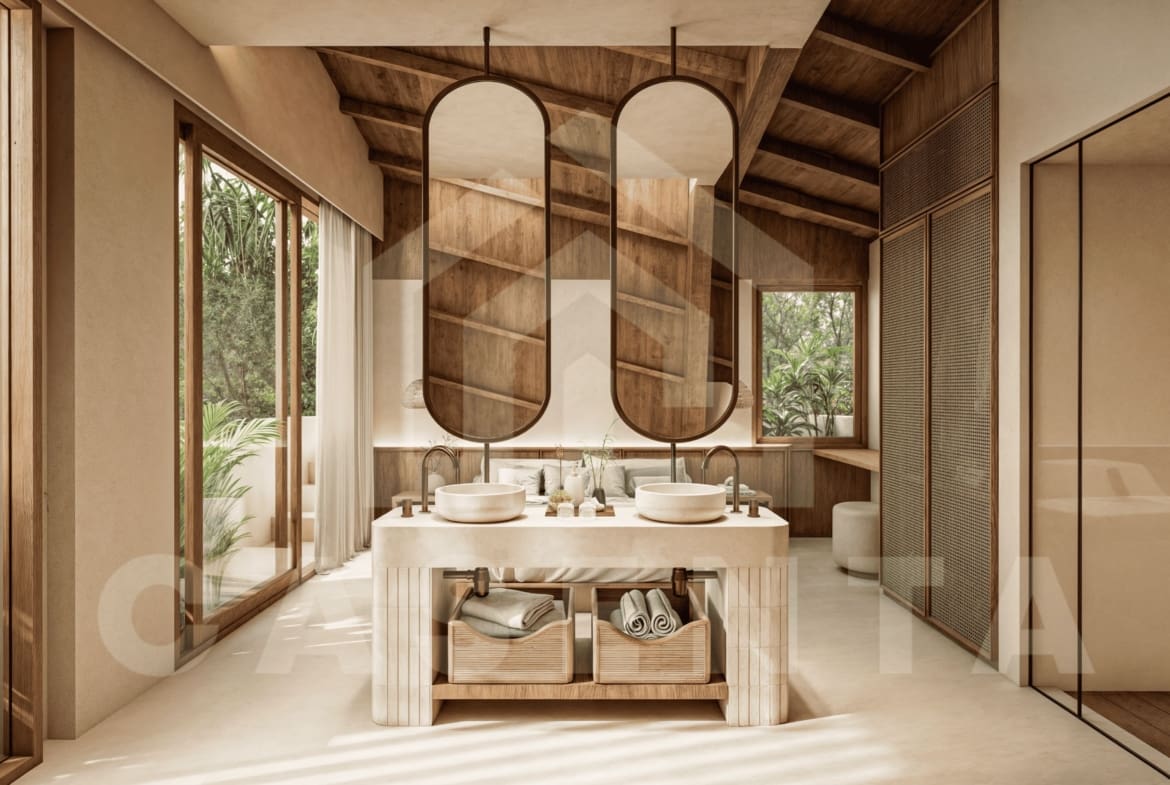 Ensuite bedroom vanity in modern Uluwatu tropical villa