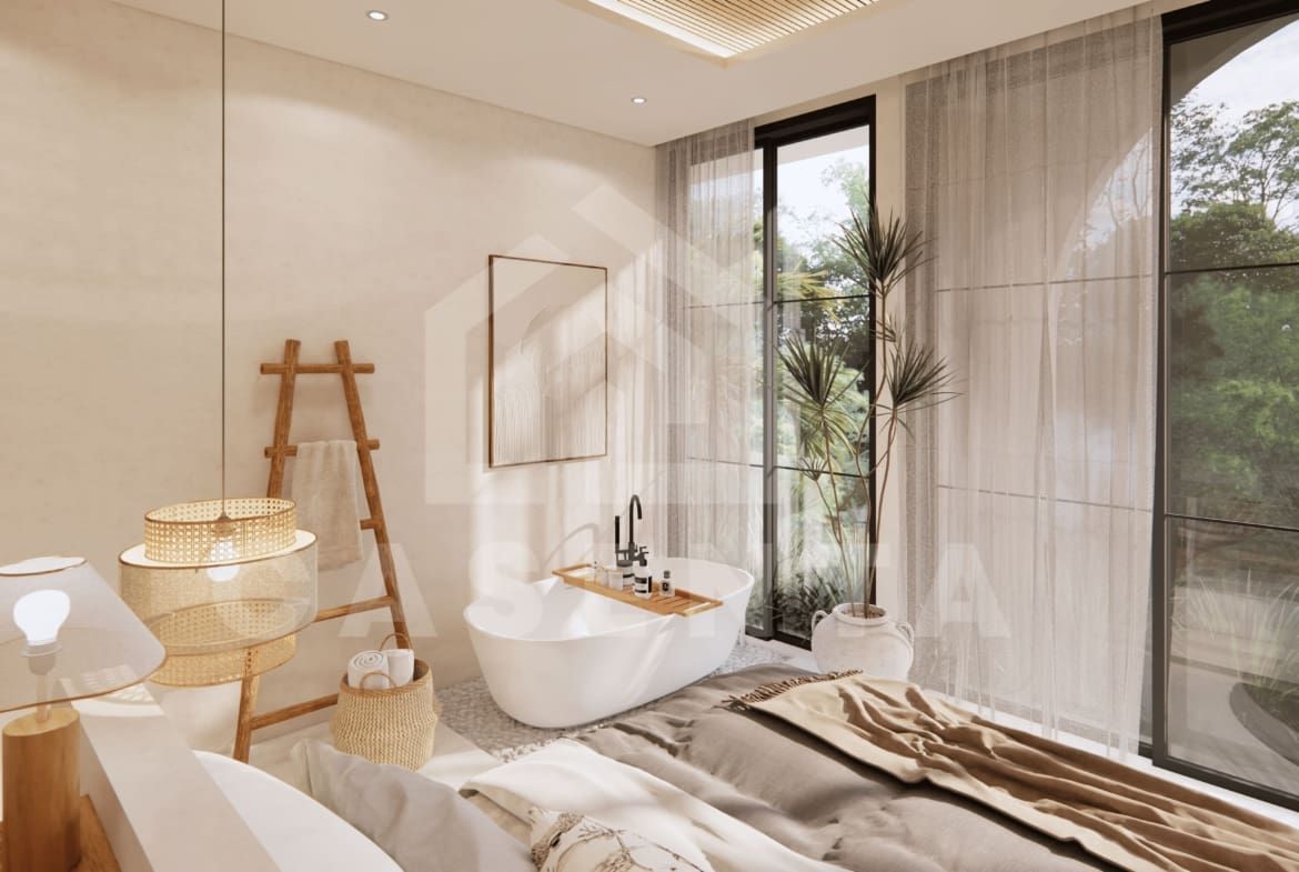 Tropical bedroom interior with large glass doors in Pecatu villa