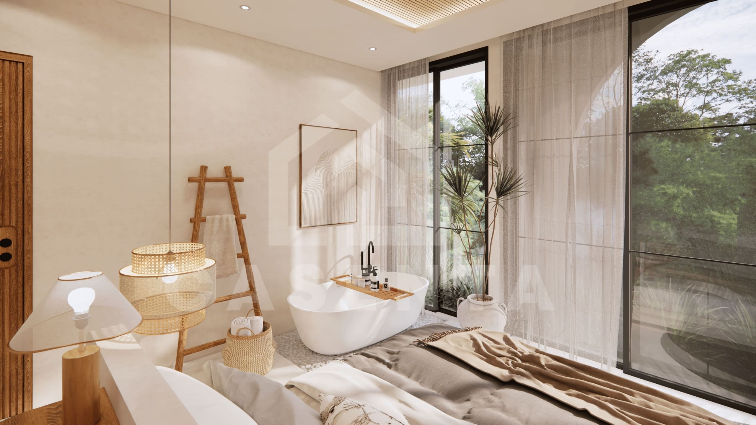 Tropical bedroom interior with large glass doors in Pecatu villa