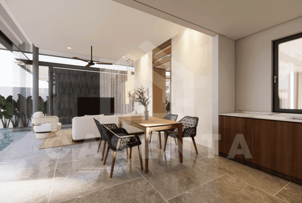 Open dining area with pool view in modern Jimbaran villa