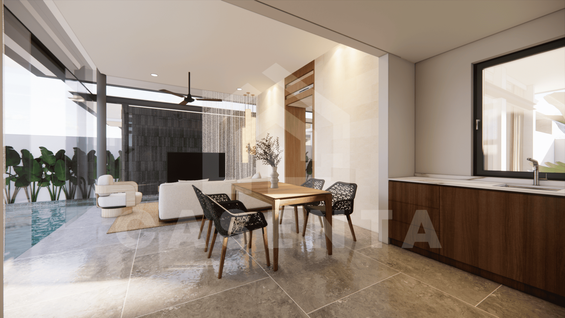 Open dining area with pool view in modern Jimbaran villa