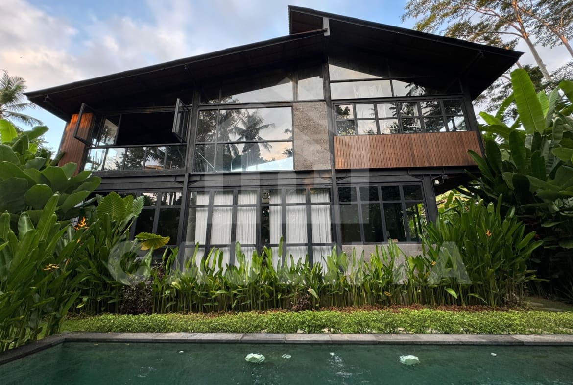 Exterior of modern tropical Ubud villa with private pool and garden