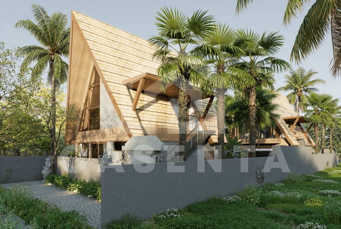 Tropical villa facade in Ubud with modern architecture, sloped roof design, and lush landscaping