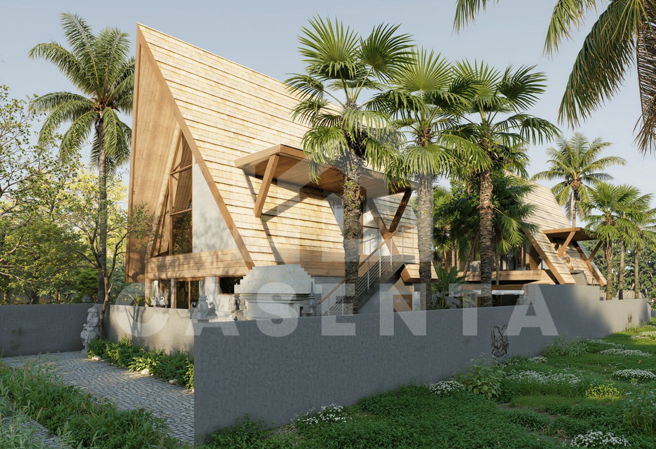 Tropical villa facade in Ubud with modern architecture, sloped roof design, and lush landscaping