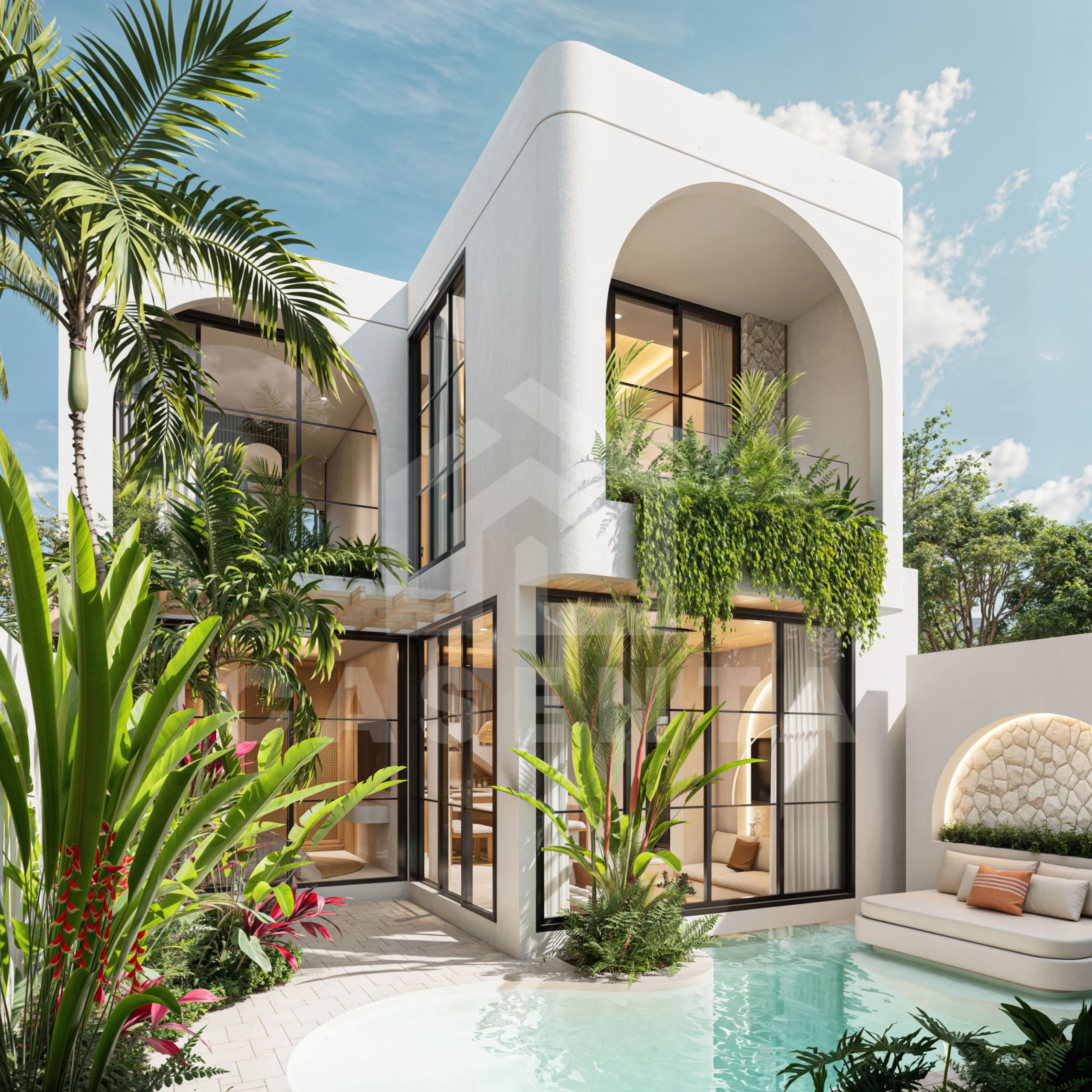 Modern tropical facade Pecatu Villa with balcony greenery