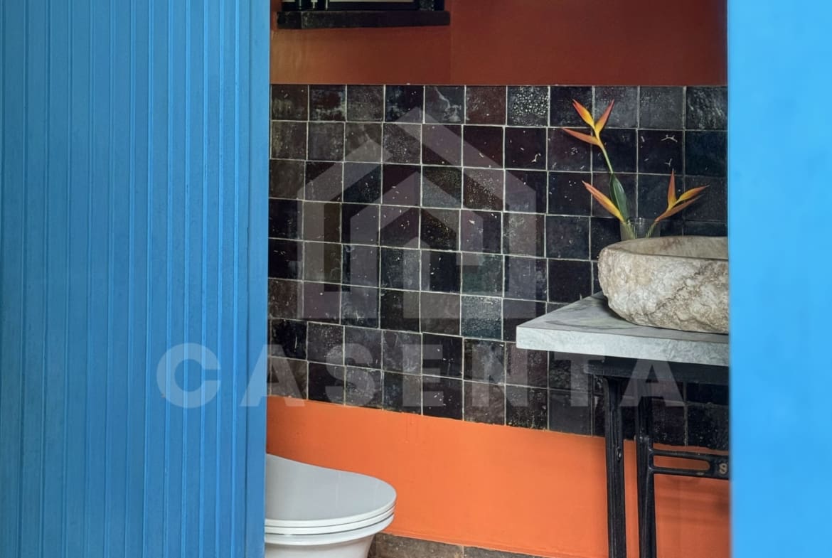 Guest toilet in Ubud villa with stone basin and feature tile wall