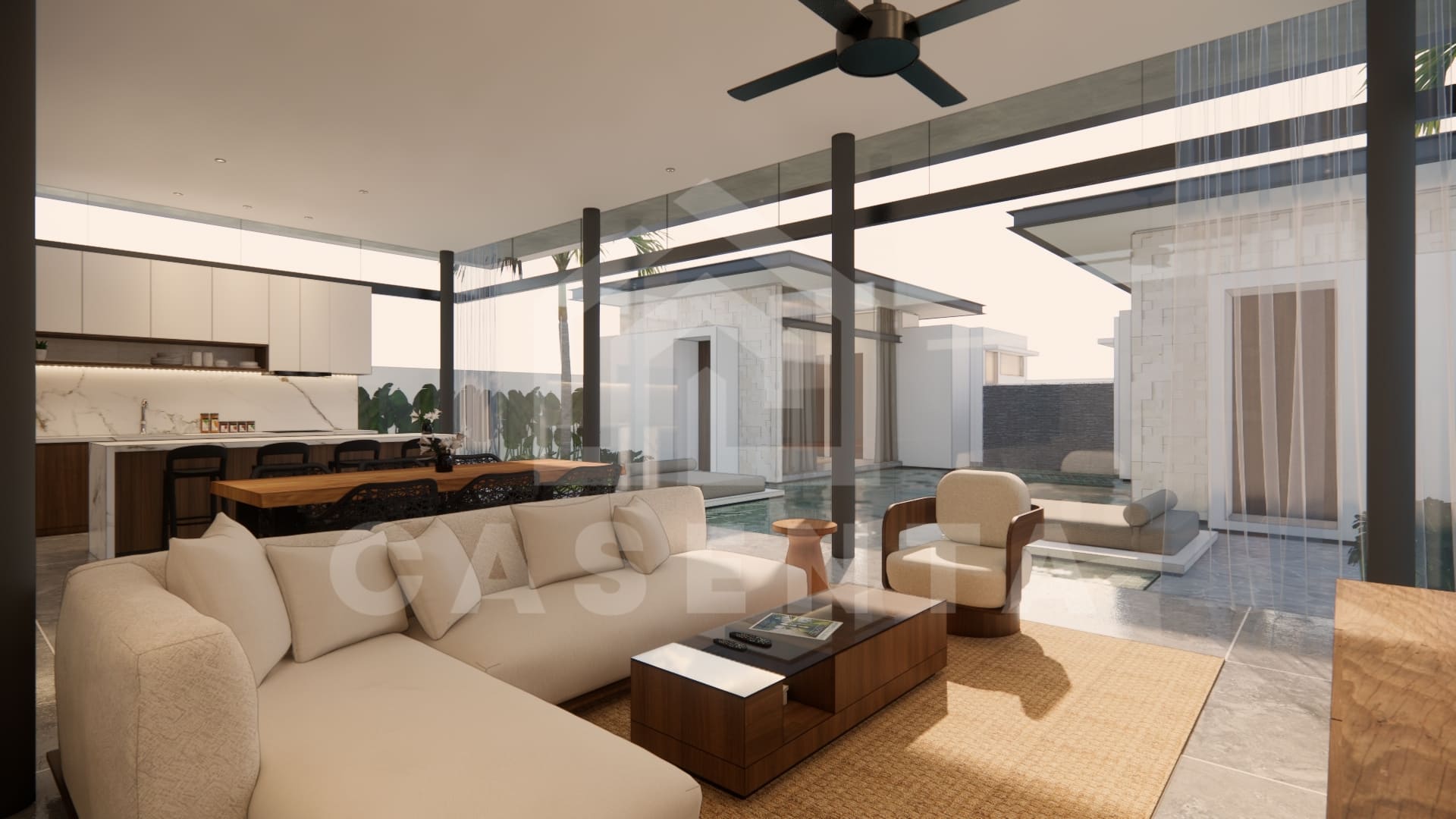 Open living area in Jimbaran resort villa with pool view