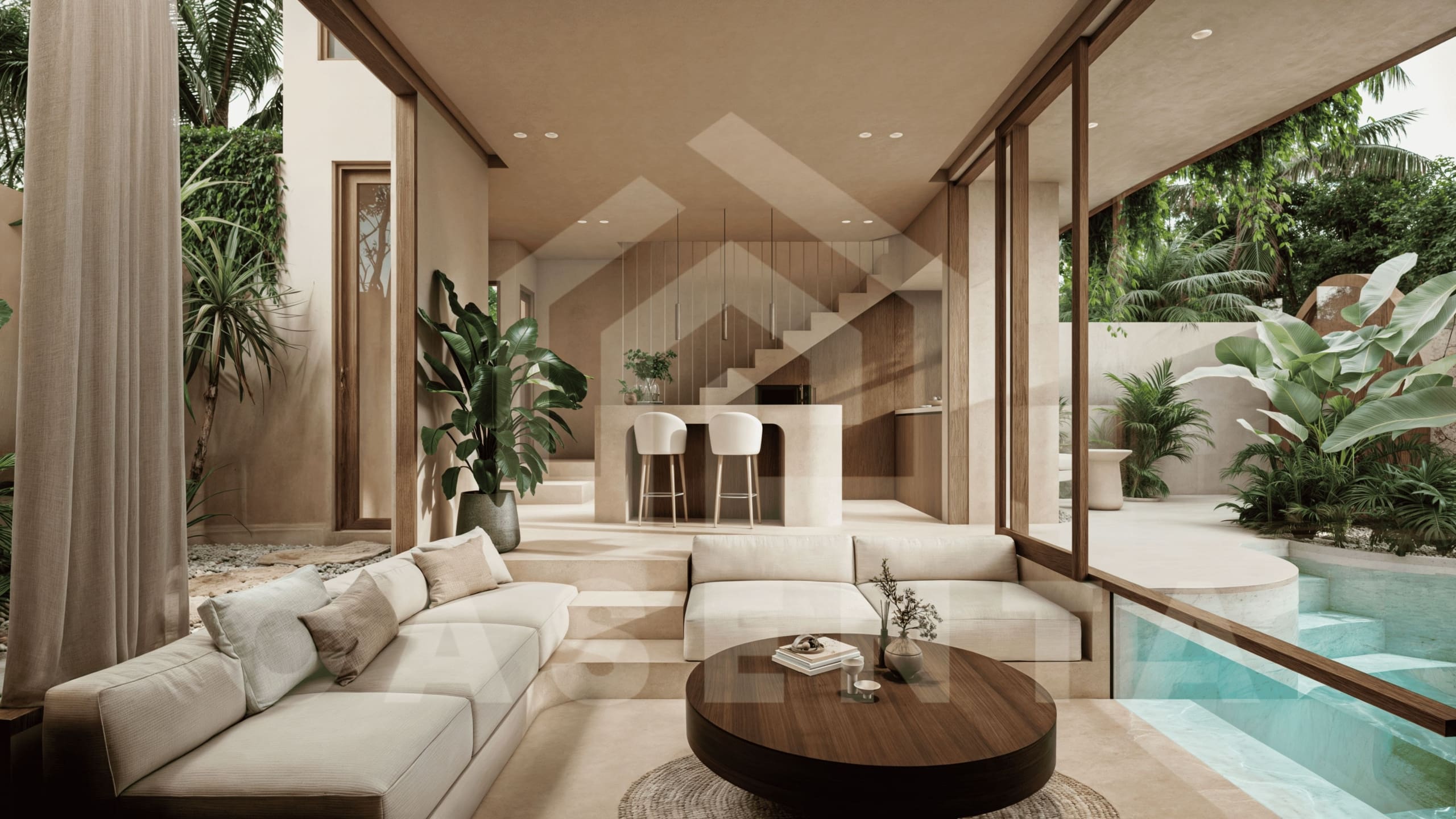 Sunken living area in modern tropical villa Uluwatu