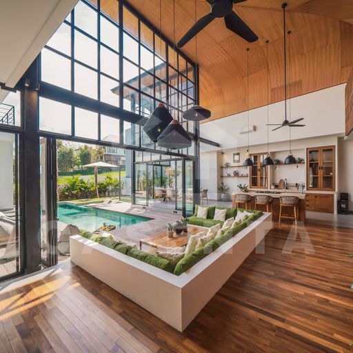 Sunken living area with pool view in cemagi villa