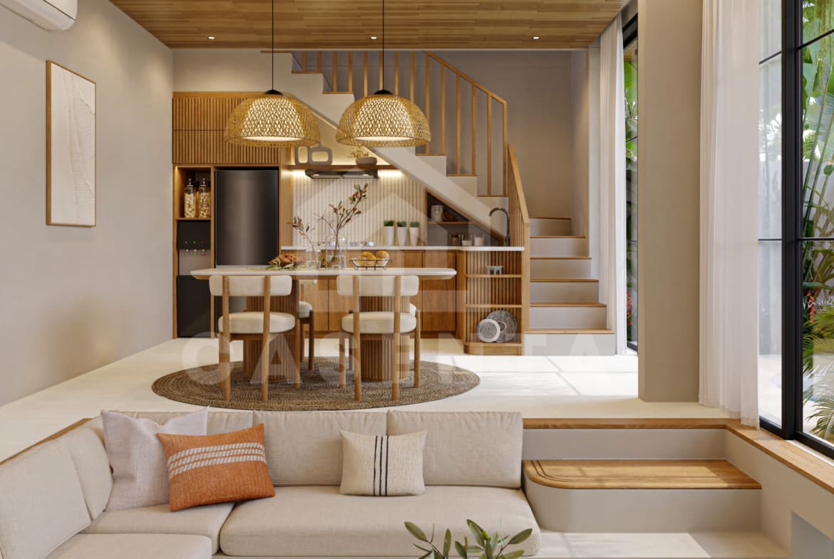 Enclosed living and dining area with natural wood finishes