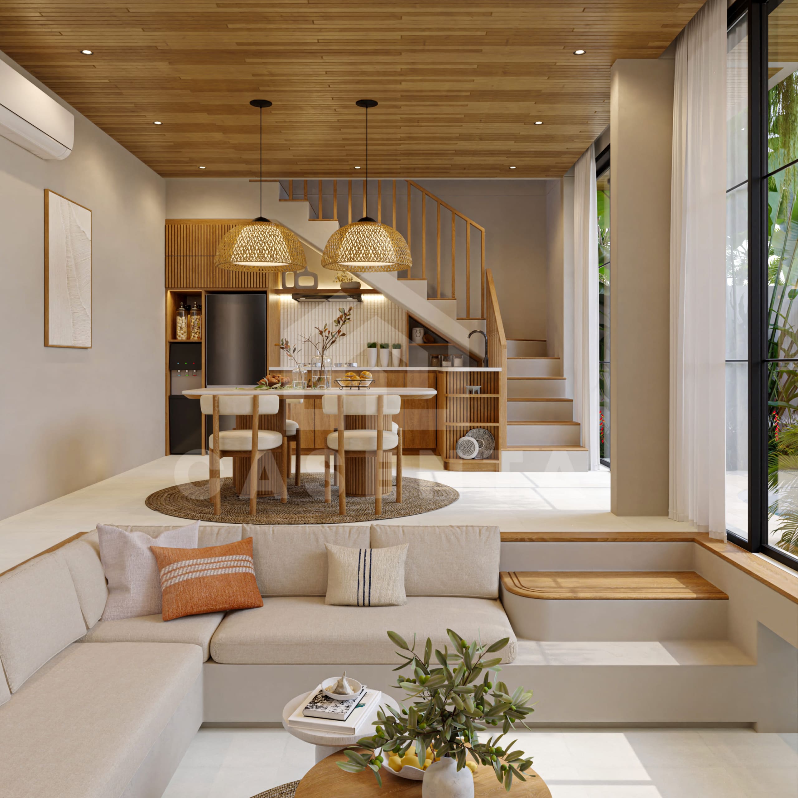 Enclosed living and dining area with natural wood finishes