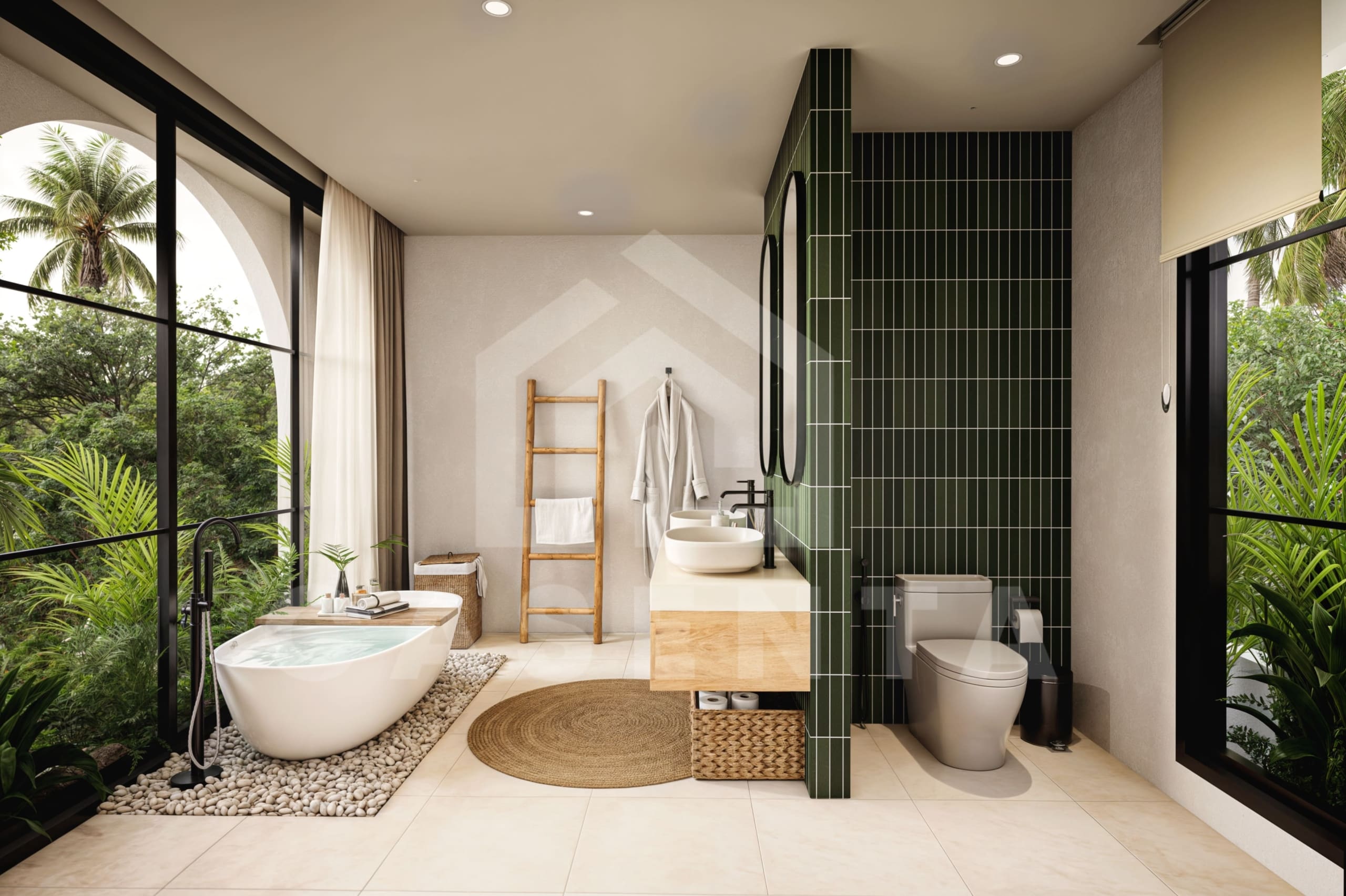 Bathtub with garden view in Pecatu Villa bathroom