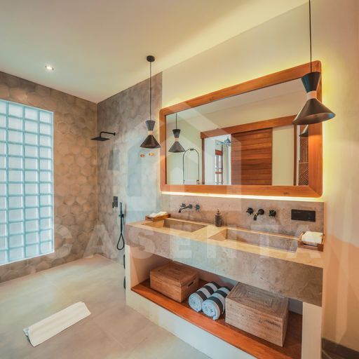 Contemporary walk-in shower bathroom in cemagi villa