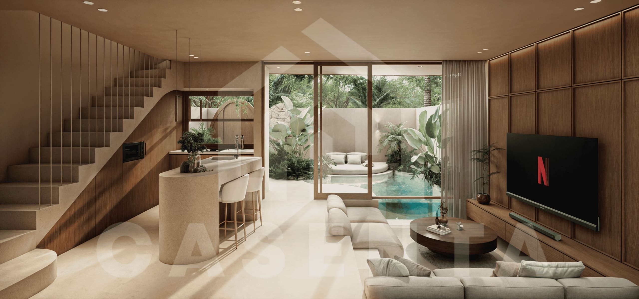 Open-plan living and kitchen area in Uluwatu tropical villa