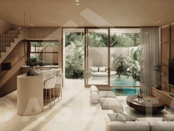 Open-plan living and kitchen area in Uluwatu tropical villa