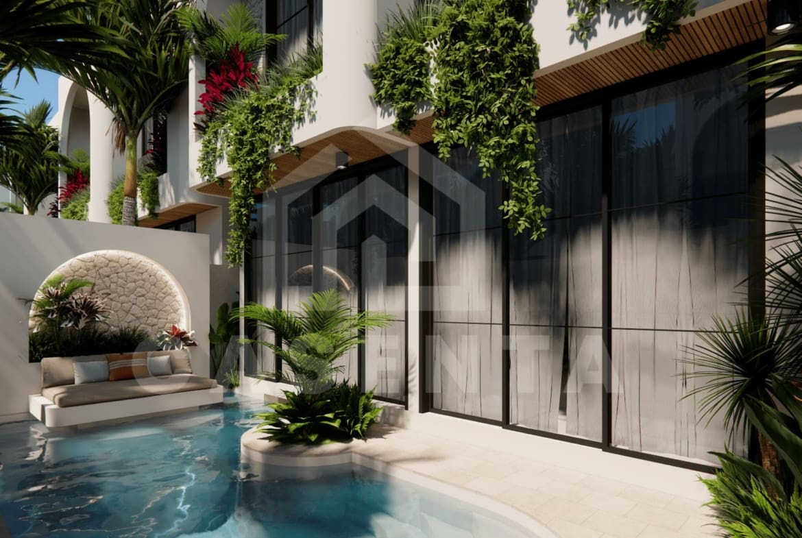 Private pool courtyard with tropical plants in Pecatu