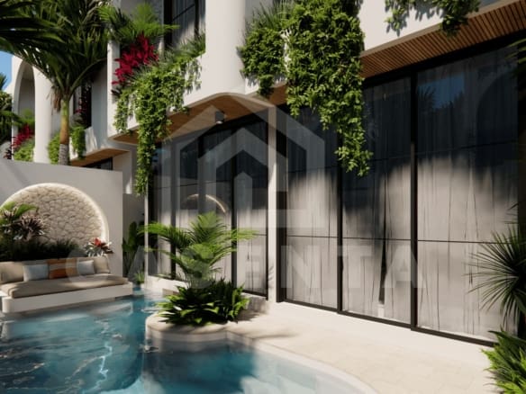 Private pool courtyard with tropical plants in Pecatu