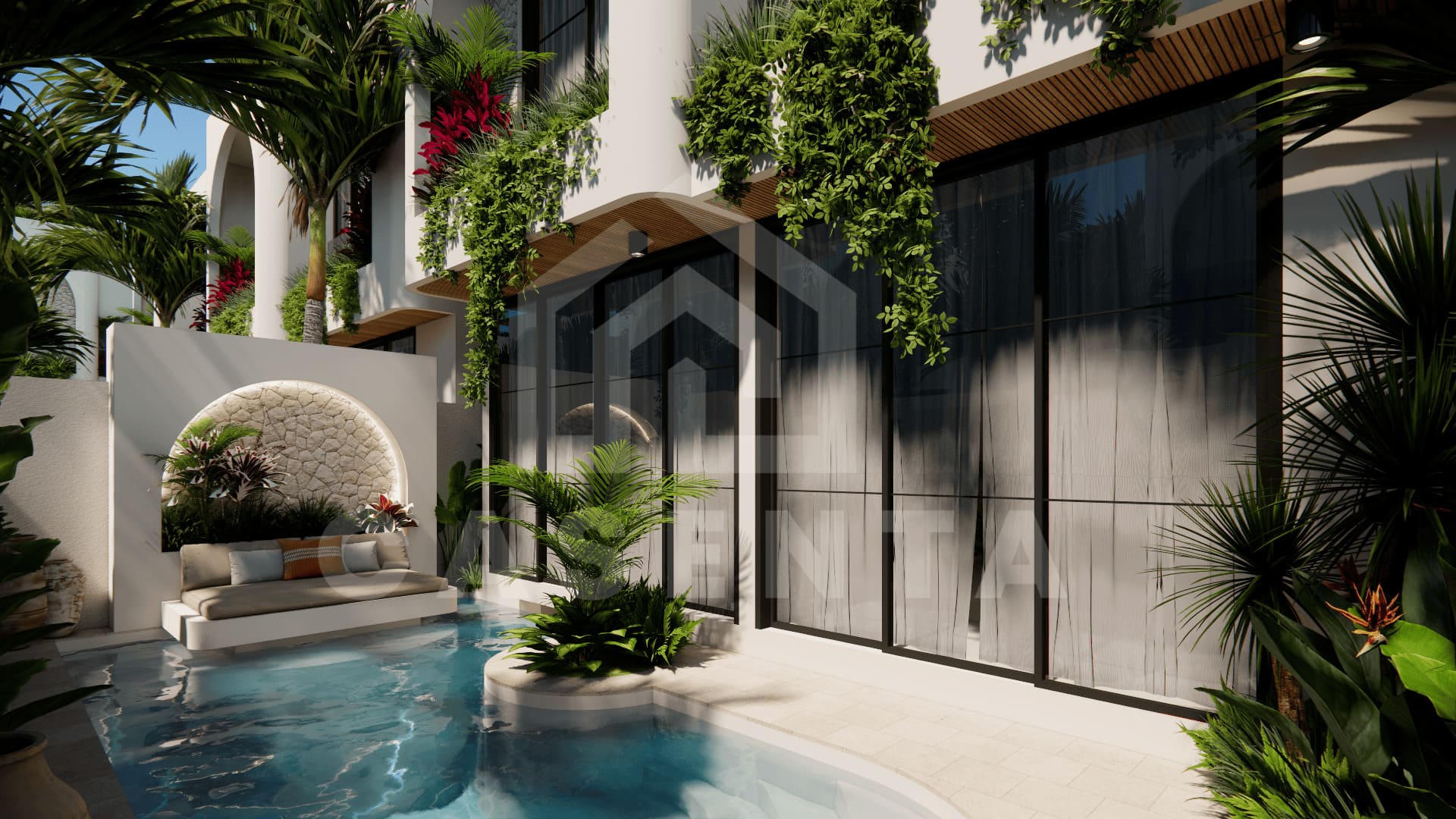 Private pool courtyard with tropical plants in Pecatu