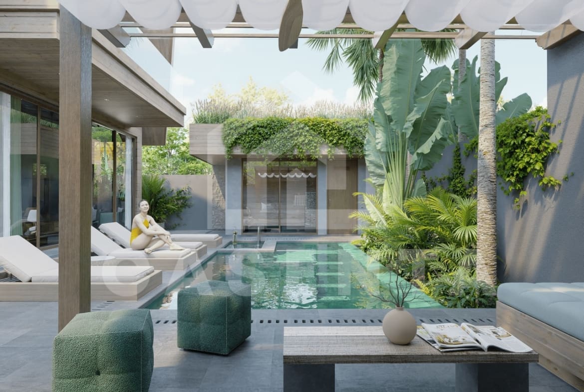 Poolside lounge area in Ubud villa with shaded seating, tropical landscaping, and modern outdoor design