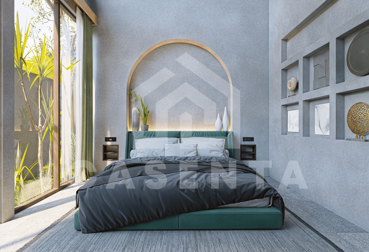 Modern bedroom in Ubud leasehold villa with arched headboard, garden access, and natural light