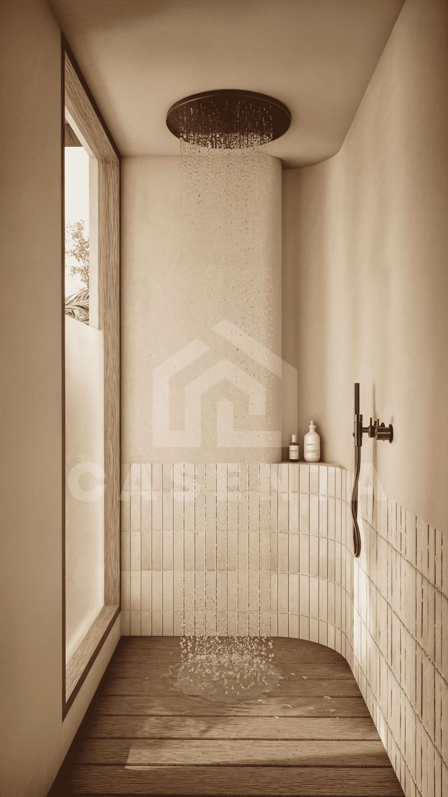 Modern rainfall shower in Uluwatu tropical villa bathroom