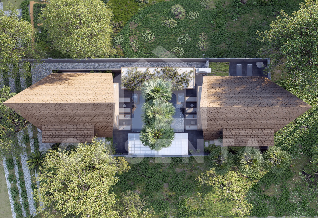 Aerial view of Ubud leasehold villa with private pool, tropical gardens, and modern roof design