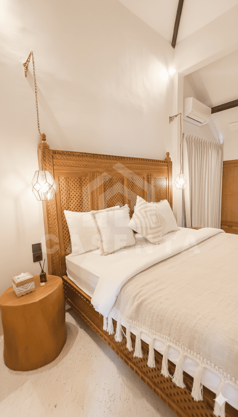Bright bedroom with carved wood bed in Sanur Bali villa