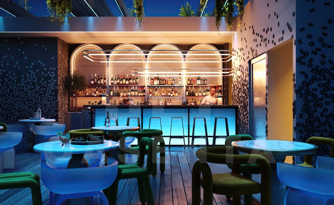 Stylish restaurant and bar area in Canggu apartment complex