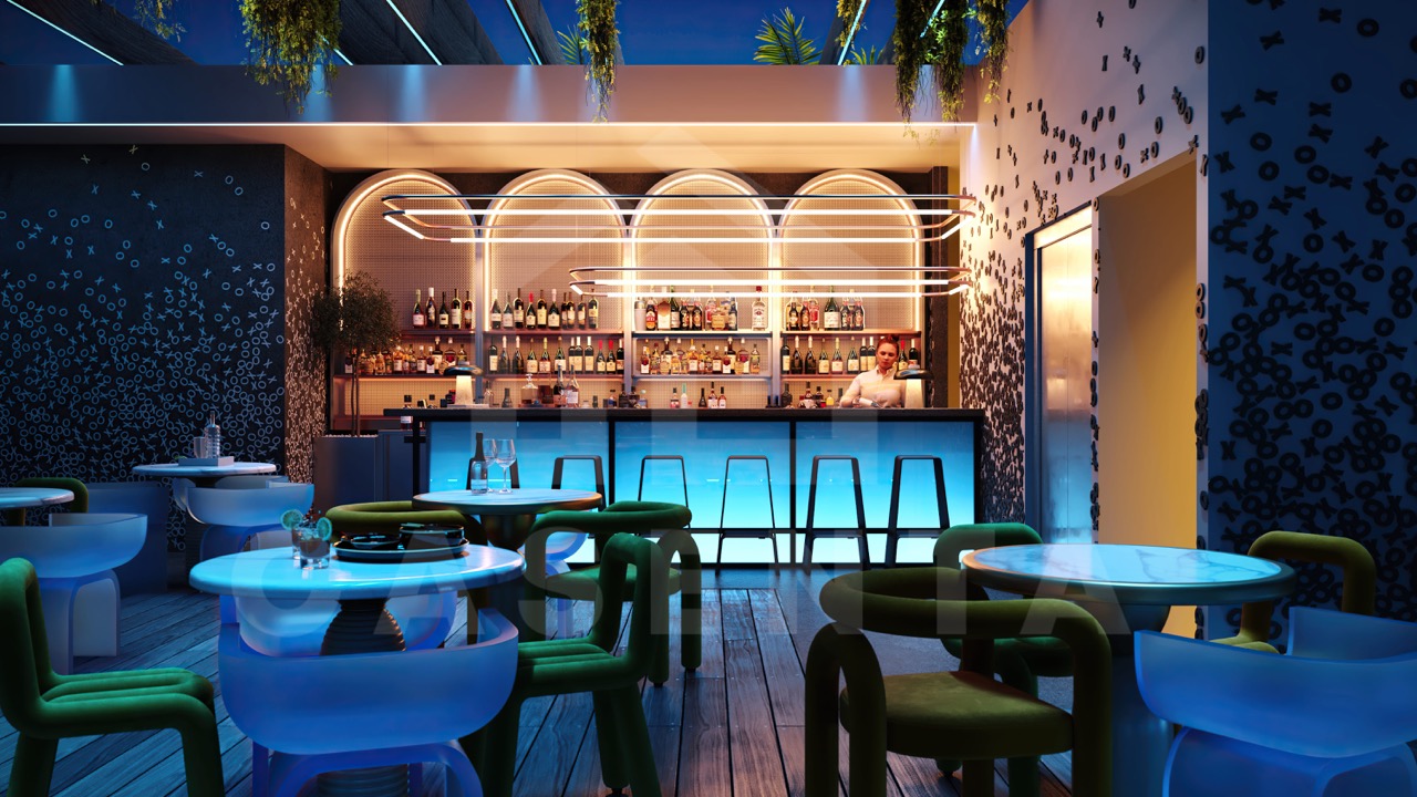 Stylish restaurant and bar area in Canggu apartment complex