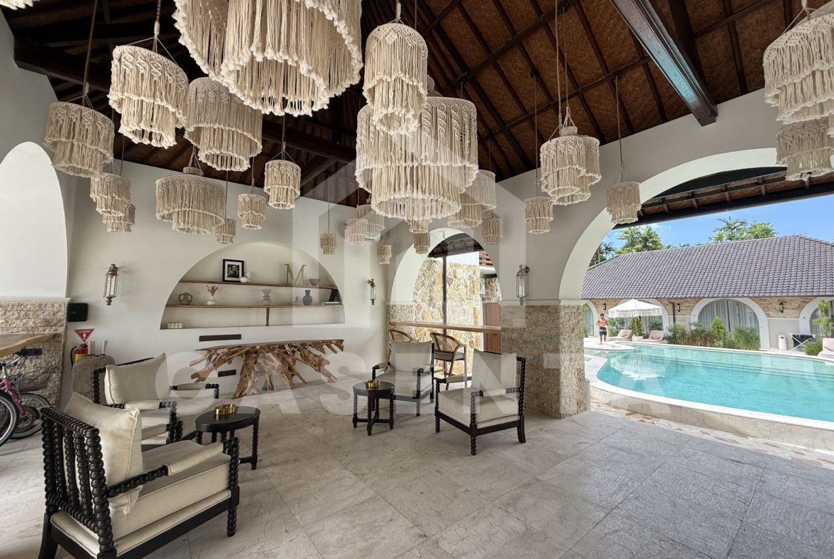 Resort-style communal lounge area in Sanur apartment complex