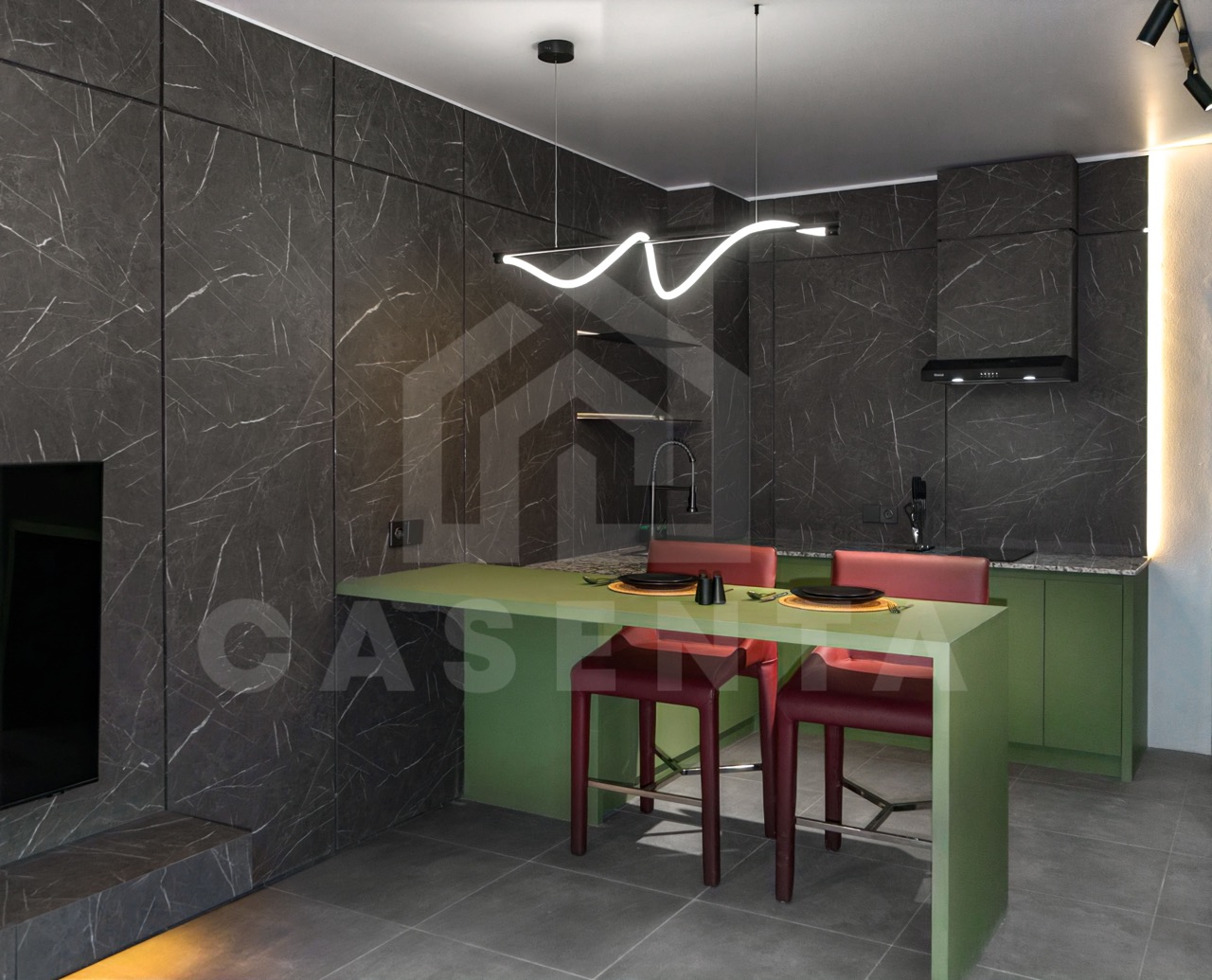 Dining and kitchen area in modern Canggu apartment with open layout