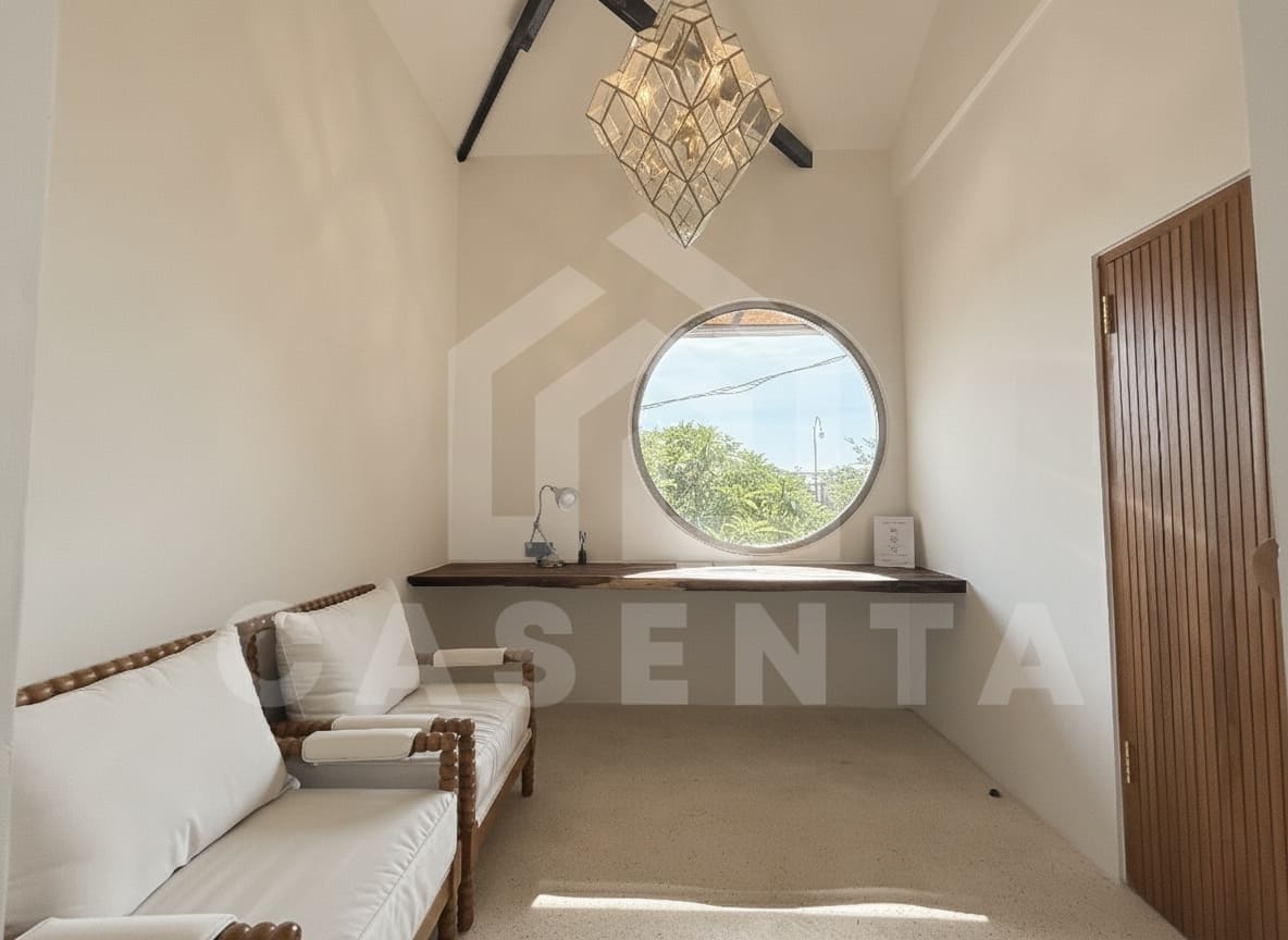 Dedicated indoor workspace with round window in villa