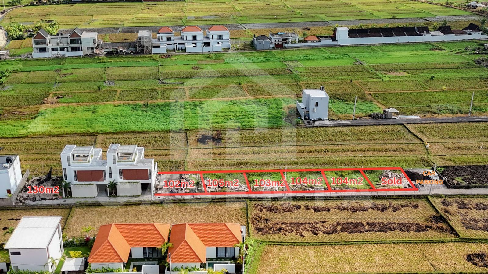 Cemagi land villa plots in pink zone with paved road access and rice field surroundings