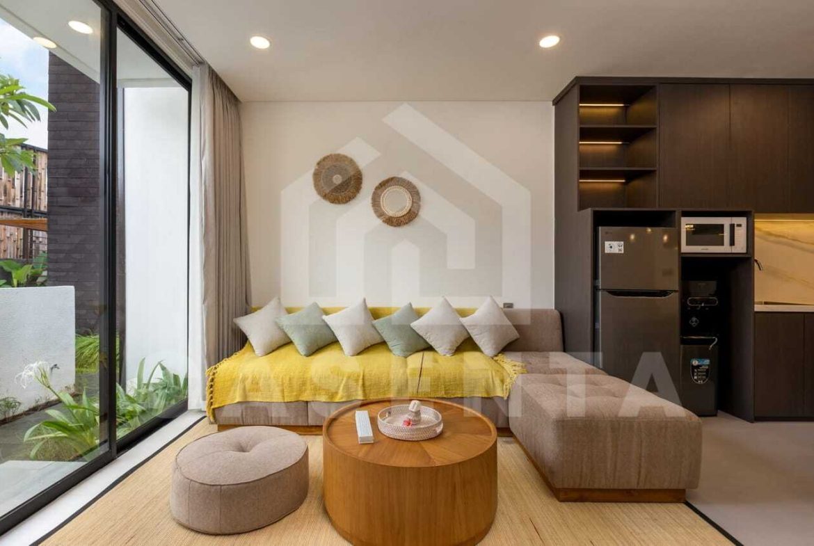 Cozy enclosed living room in modern Bali villa near Saba Beach