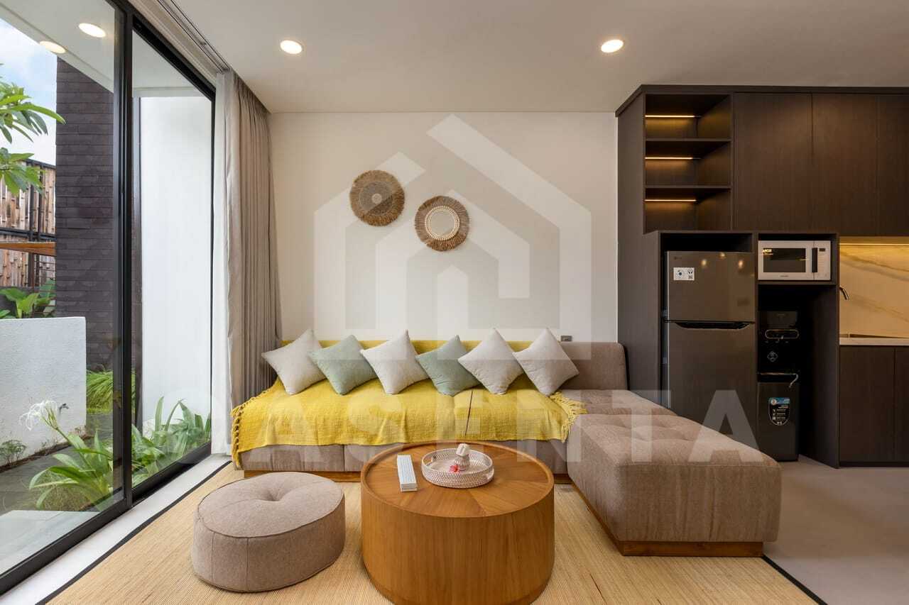 Cozy enclosed living room in modern Bali villa near Saba Beach