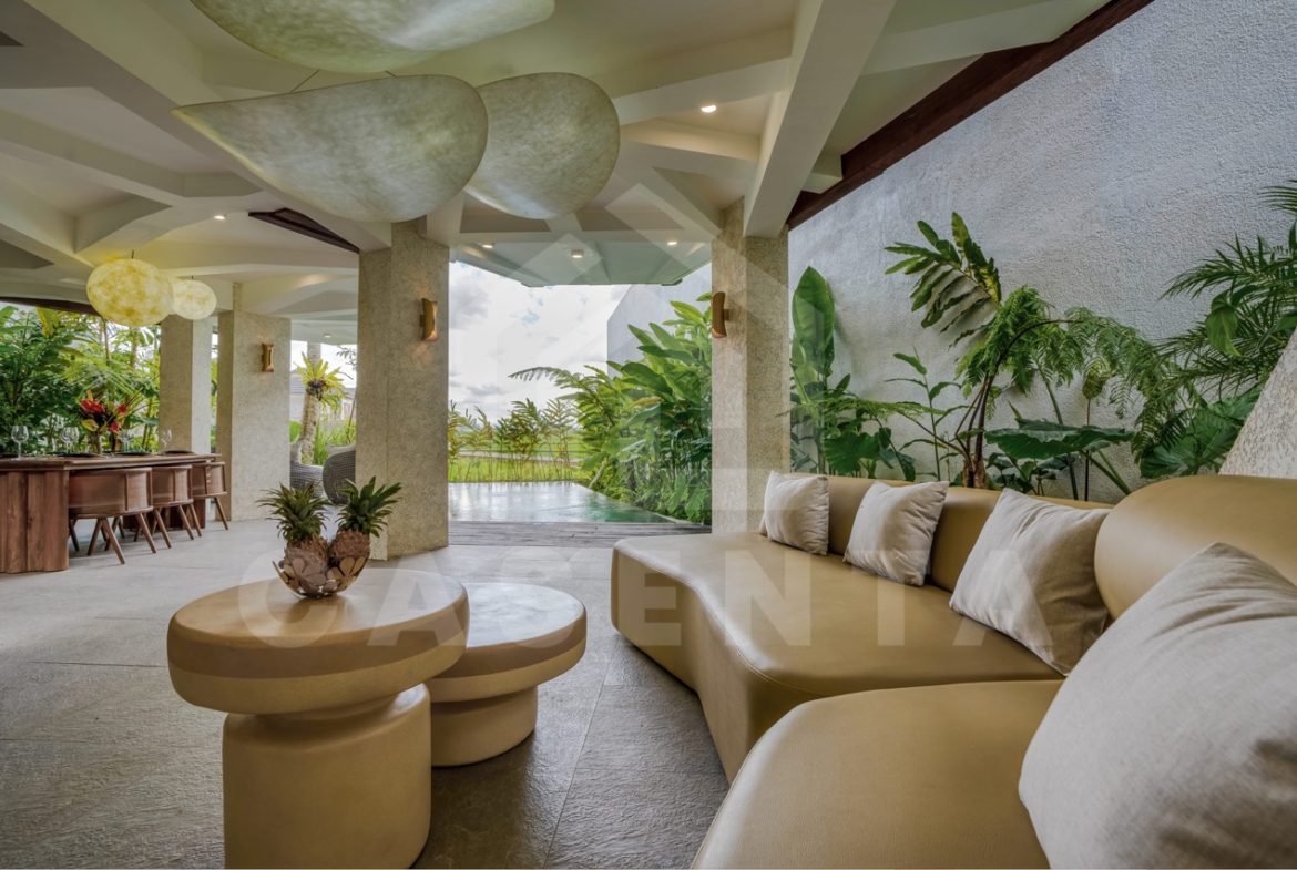 open living space Ubud villa with pool view and tropical garden