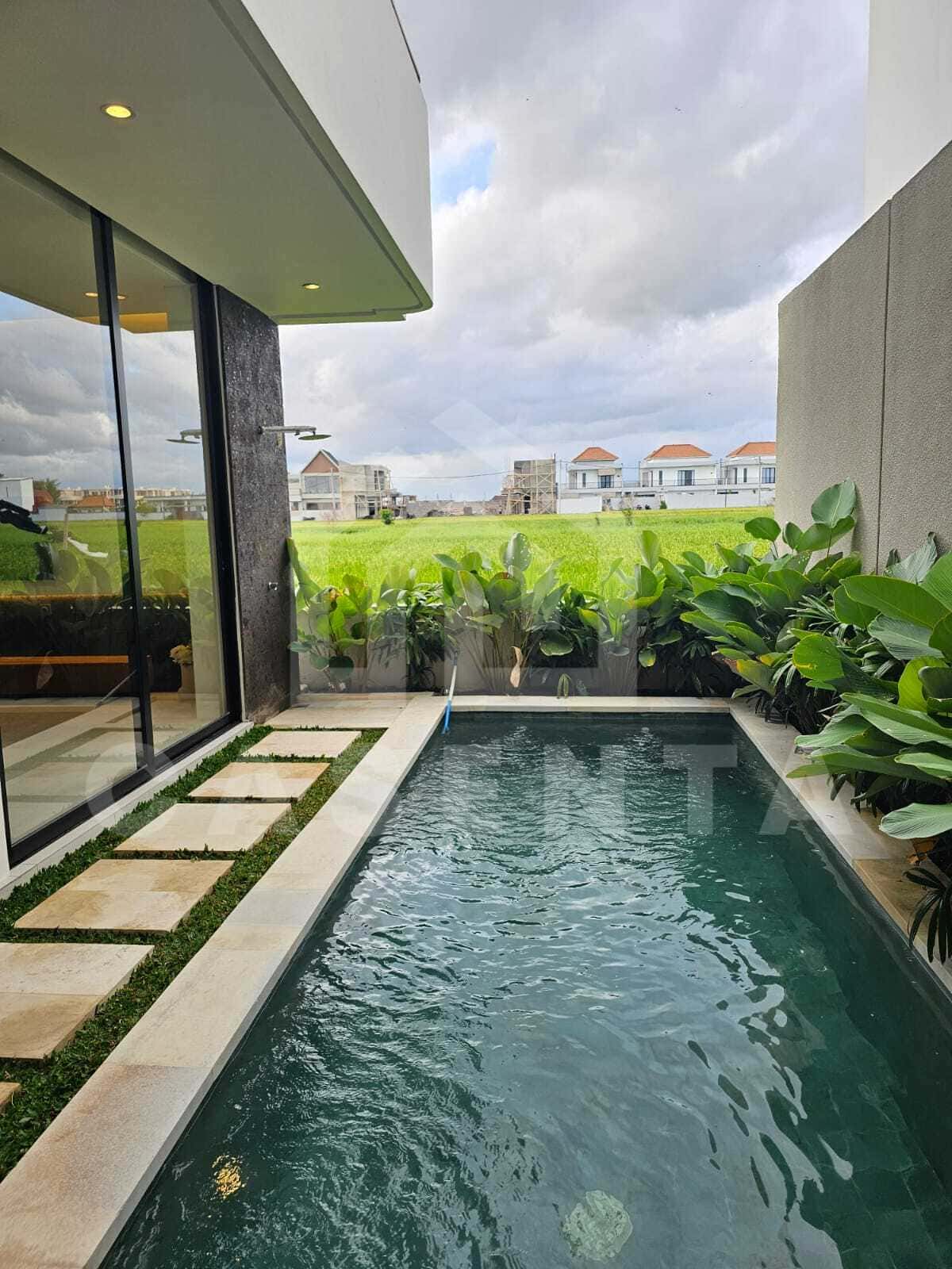Private swimming pool with rice field view cemagi villa