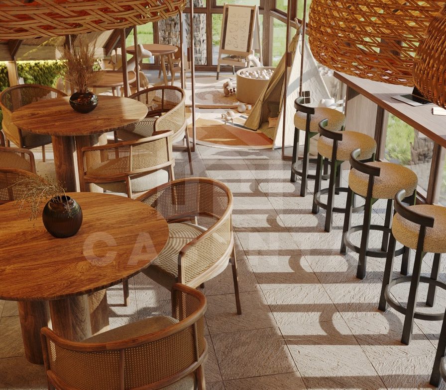 indoor restaurant and lounge area in Ubud villa complex with natural design