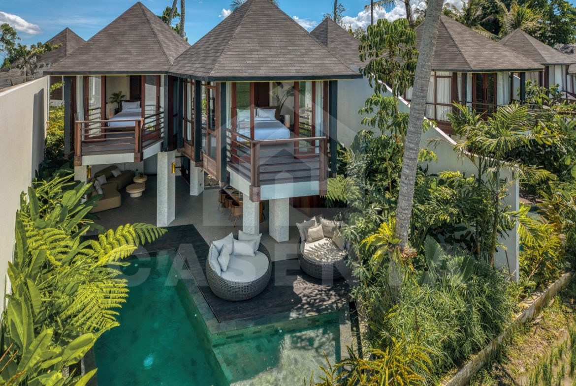 tropical Ubud villa exterior with private pool and lush garden