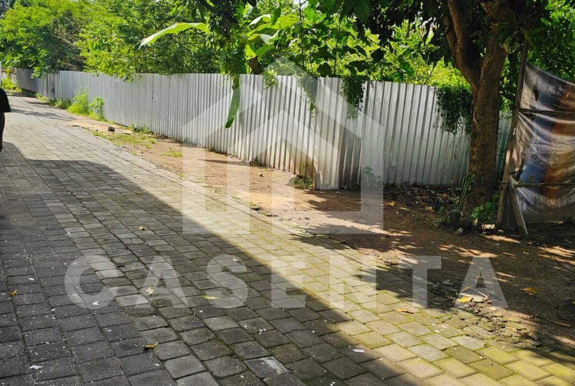 Sanur land roadside view showing wide paved access and quiet neighborhood