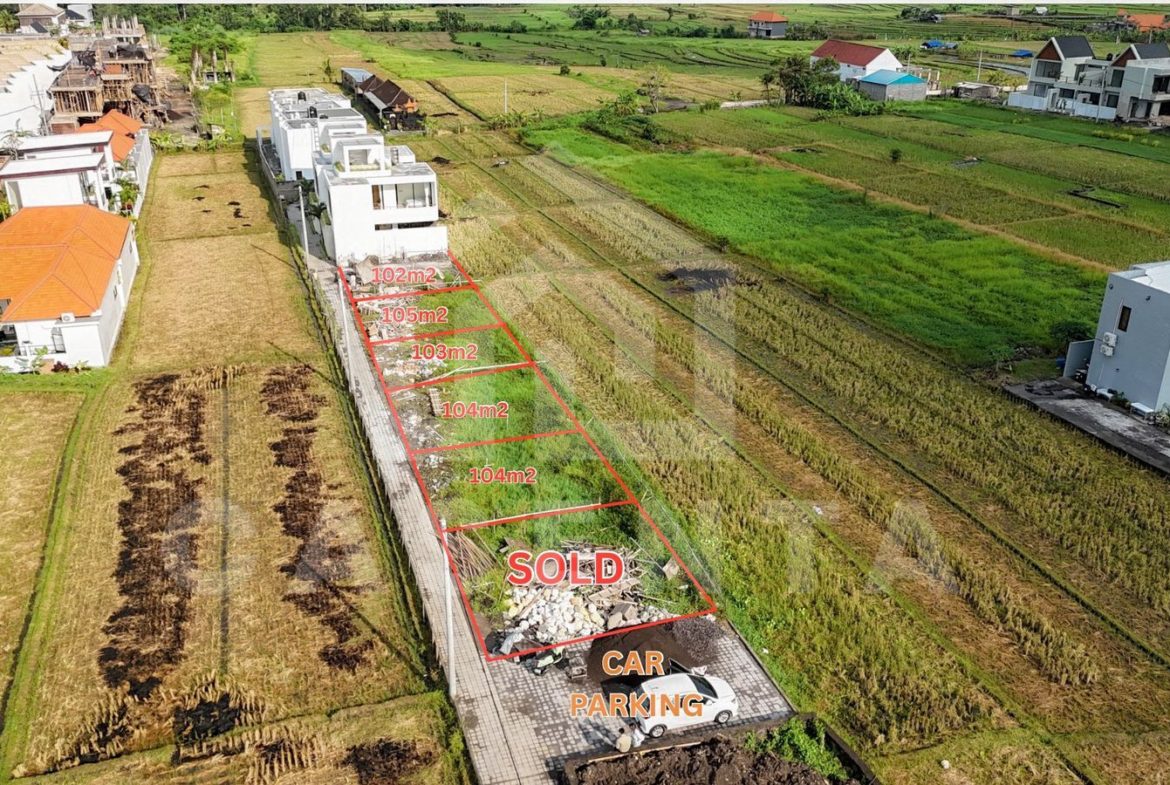 Cemagi land development plots with paved access road and rice field views