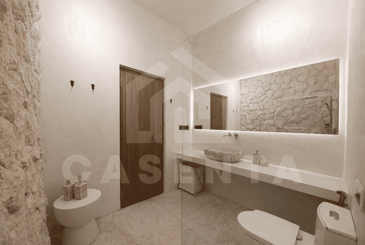 Modern bathroom in Sanur apartment with stone sink and walk-in shower