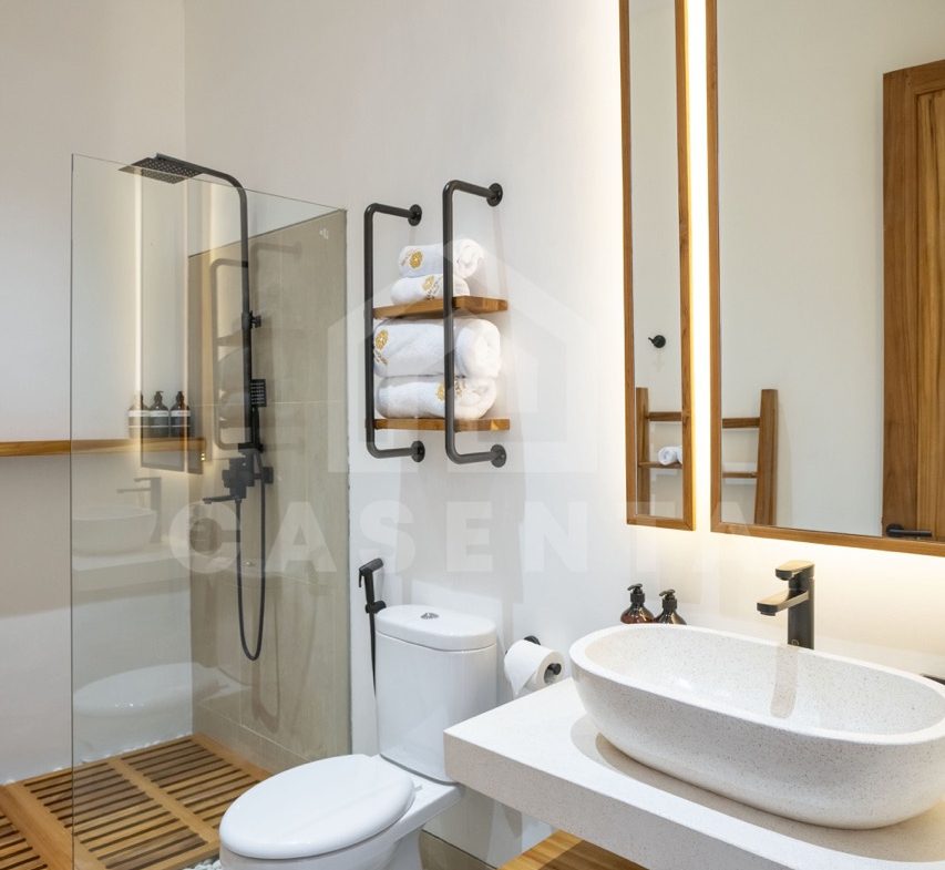 Modern bathroom in Sayan villa with walk-in shower and stone sink